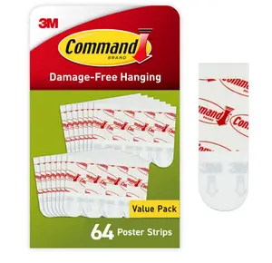 Command Poster Strips, Damage Free Hanging Poster Hangers, No Tools Wall Hanging Strips for Posters, 64 White Command Adhesive Strips
