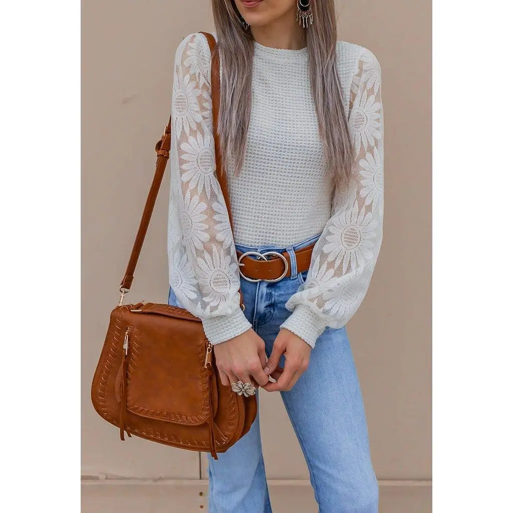 Sunflower Lace Mesh Sleeve Waffle Knit Top | S-XL