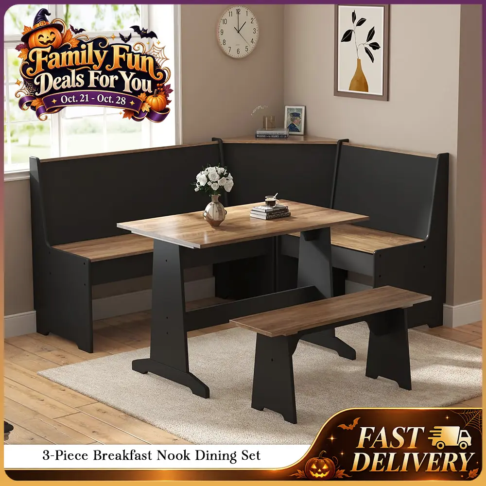 [Ships in 2 Boxes] AMERLIFE 3-Piece Breakfast Nook Dining Set, L-Shaped Corner Bench with Hidden Storage, Space-Saving Kitchen Table Set for Small Spaces/Best Gift Ideas/Christmas Gifts/Cozy Home