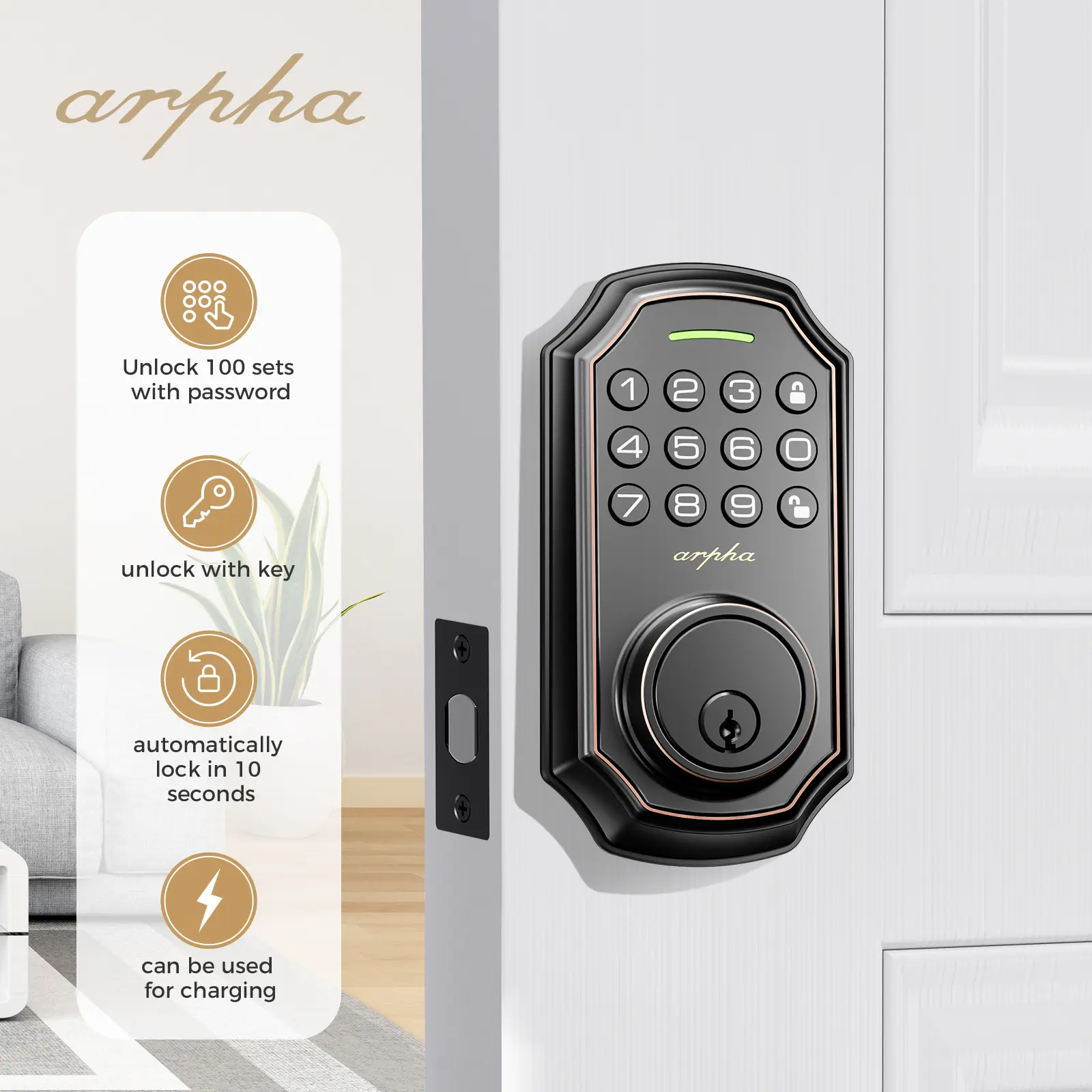 Arpha D180 Keyless Door Lock with 50/100 Codes, Smart Lock with Anti Peeping Password, Keypad Deadbolt One Touch Locking, Auto Lock, Easy Install.Multiple styles to choose from, APP version&no APP version; Keyless Entry Lock Electronic Code Lock
