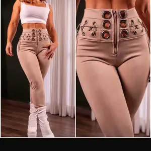 Women's Colombian 1330 Leggings - 1 Size (S, M, L) High-Waisted Bottom with Unique Grommet Detailing, Zipper Closure, Premium Fabric, Flattering Fit, Versatile for Outfits, Stylish Comfort, Basic Womenswear
