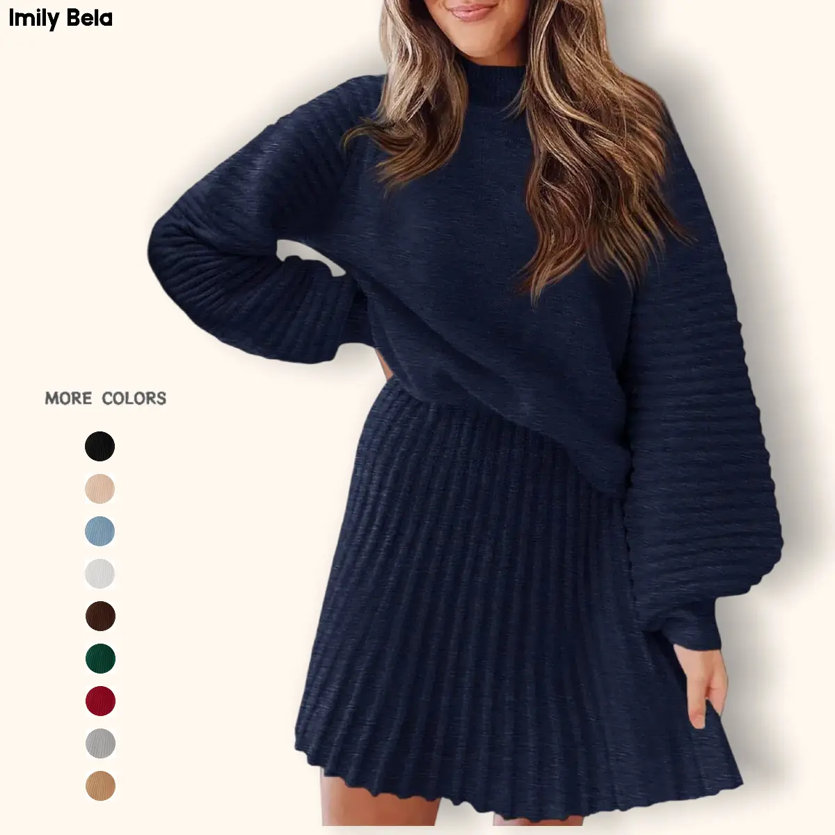 Imily Bela Women's 2 Piece Outfits 2026 Long Sleeve Mock Neck Ribbed Sweaters & Mini Skirt Set Soft Cozy Knitted Fabric Casual Everyday Wear Dress Womenswear