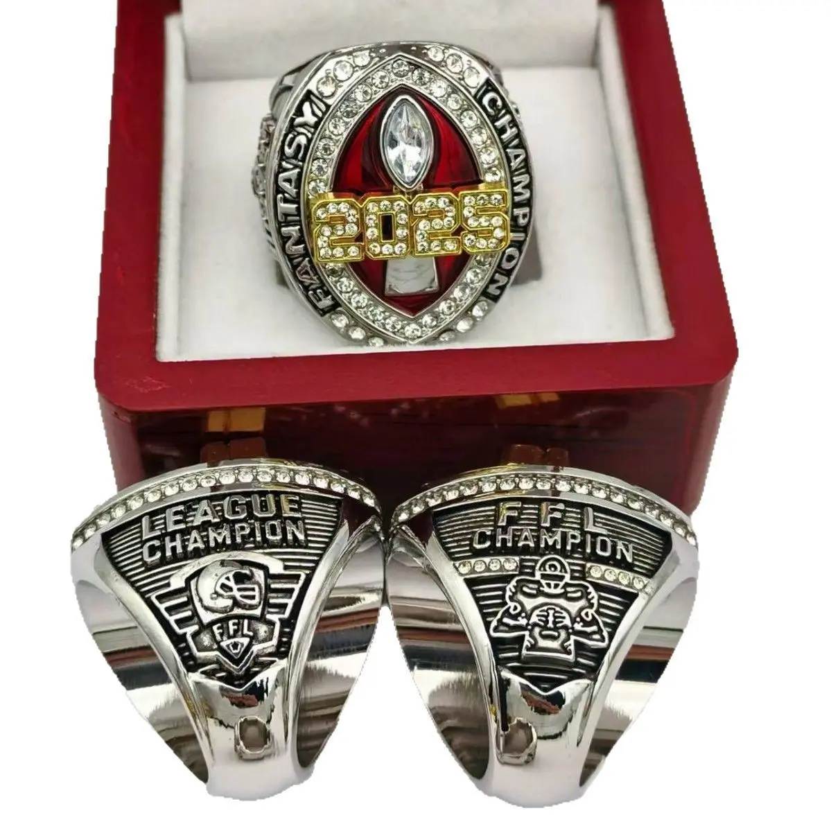 Rhinestone Decor Fantasy Football Championship Ring for Men - League Winner Trophy Gift with Wooden Display Box, Rhinestone Decor Ring