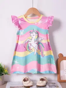 Toddler Girl's Unicorn Print Ruffle Trim Tee Dress, Princess Dress, Frilled Dress, Cute Casual Short Sleeve Round Neck Dress for Summer, Kids Clothes for Daily Wear