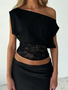 Women's Elegant Chic Lace Patchwork Asymmetric Sleeveless Top, Slim-Fitting Plain Design, Perfect for Casual and Stylish, Asymmetrical