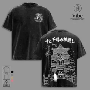 Chihiro Ogino No Face Spirited Away Vintage Washed Anime T-Shirt, Tank Top Sen to Chihiro no Kamikakushi Bathhouse Graphic Tee, Oversized Heavyweight Cotton Manga Shirt