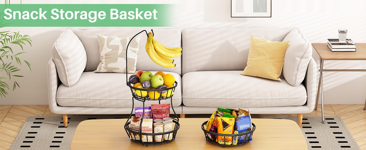 2-Tier Fruit Basket Bowl Stackable Vegetable Storage with Banana Tree Hanger Stand for Kitchen Countertop, Metal Wire Basket for Bread Onions Potatoes Black
