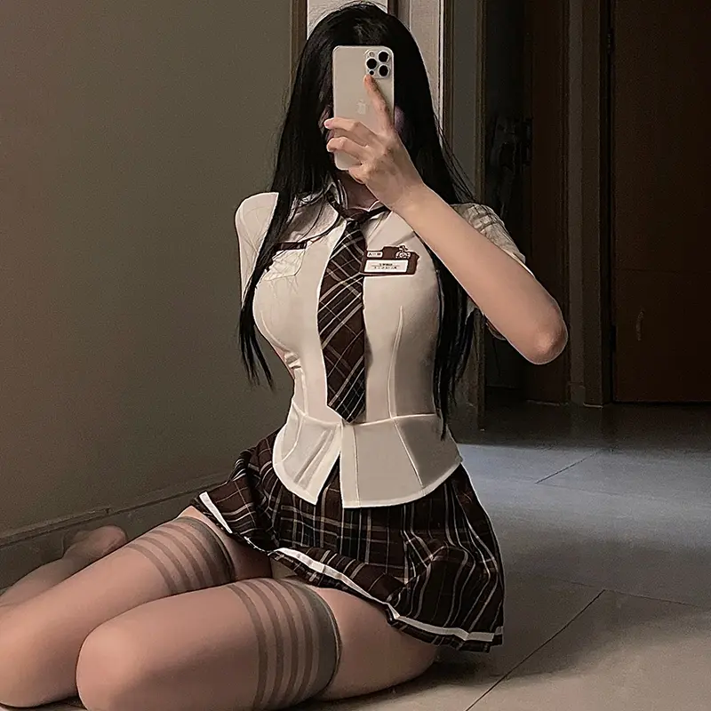 Sexy Student Outfit Cos Uniform - 5-Piece Set with Lace and Playful Plaid, Bold Lace & Sexy Student Outfit Cos Uniform - 5-Piece Set with Lace and Playful Plaid, Bold Lace &