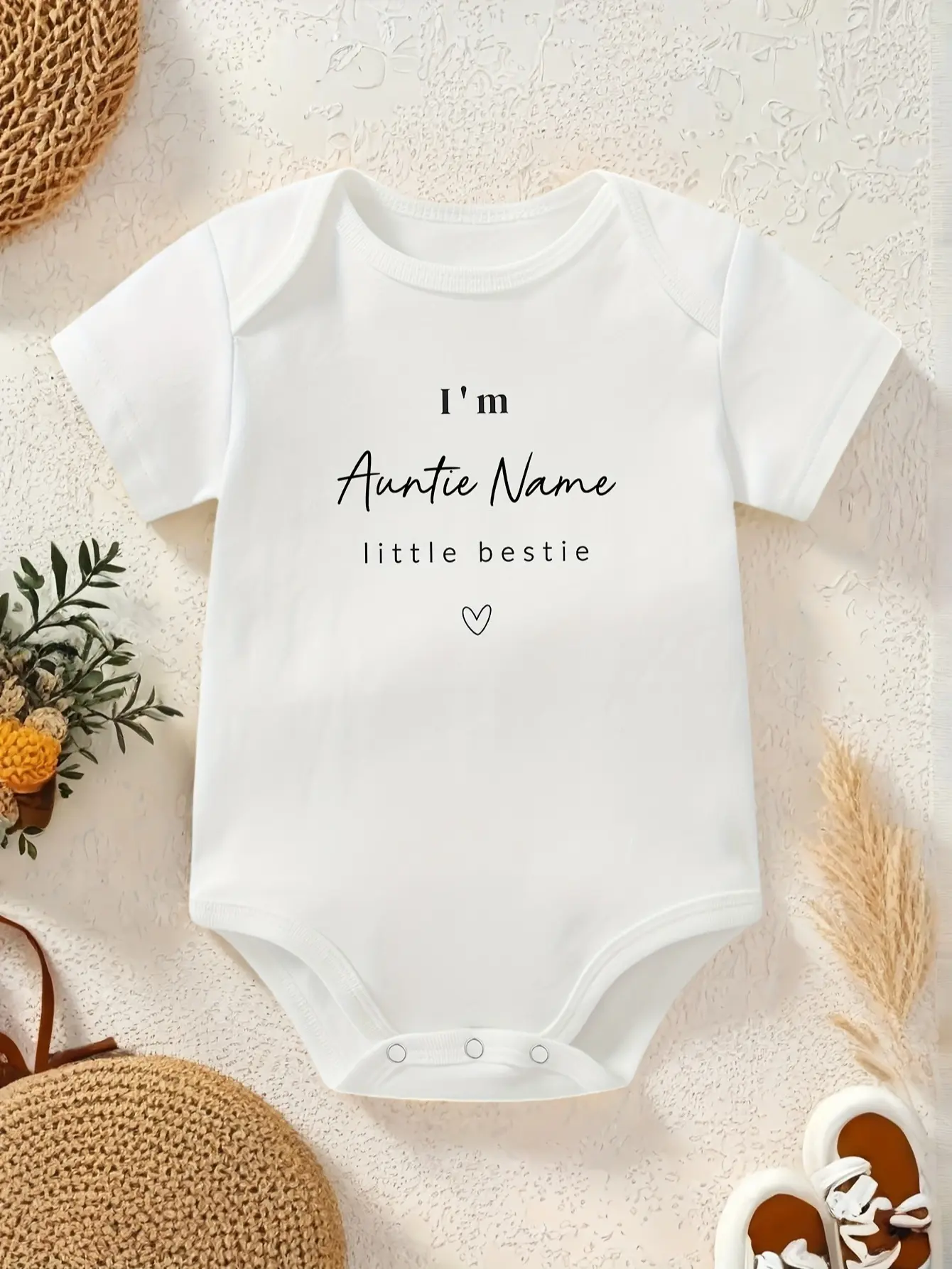 Custom Auntie Name Little Bestie Baby Onesie Minimal Script Heart Short Sleeve Cotton White Gender Neutral Infant Bodysuit