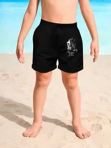 2026 New Boy's Card Skull Print Beach Shorts, Quick-Dry Casual Swimwear, Loose-Fitting All over Print, Short Hem Style