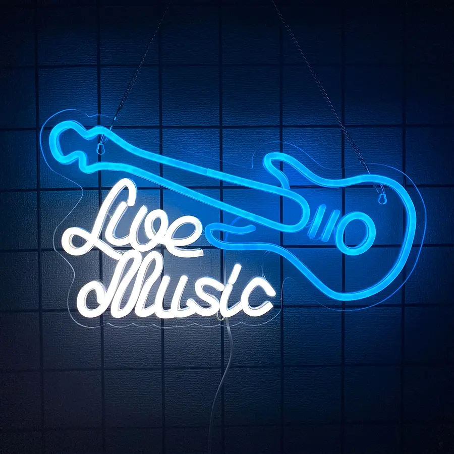 Live Music Neon Signs Guitar Shape LED Signs Game Art LED Neon Signs for Wall Decor Studio Neon Light Signs USB Powered Switch Lights Up Sign for Party Lover Girl Boy(Blue Guitar Live)
