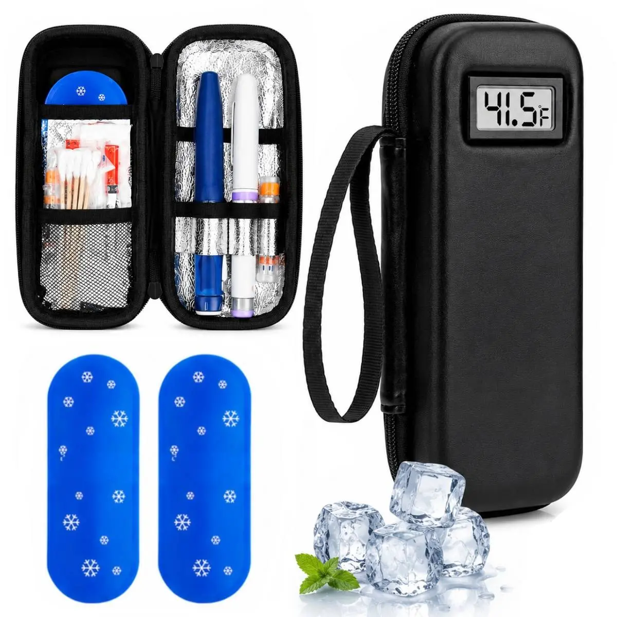 Insulin Travel Cooler with LCD Temperature Display-Portable Diabetic Medication Case, Keeps 6-8 Hours Coldfor Pens & Vials, Includes 1 Cooler & 2 lce Packs (NoMedication Included)