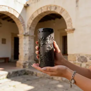 Black Cielito Lindo Ceramic Jarrito Cup Reusable Clay Design 14oz Capacity Handmade Mexican Mug Lead Free Keeps Hot Warm Tumbler Drinkware Washable