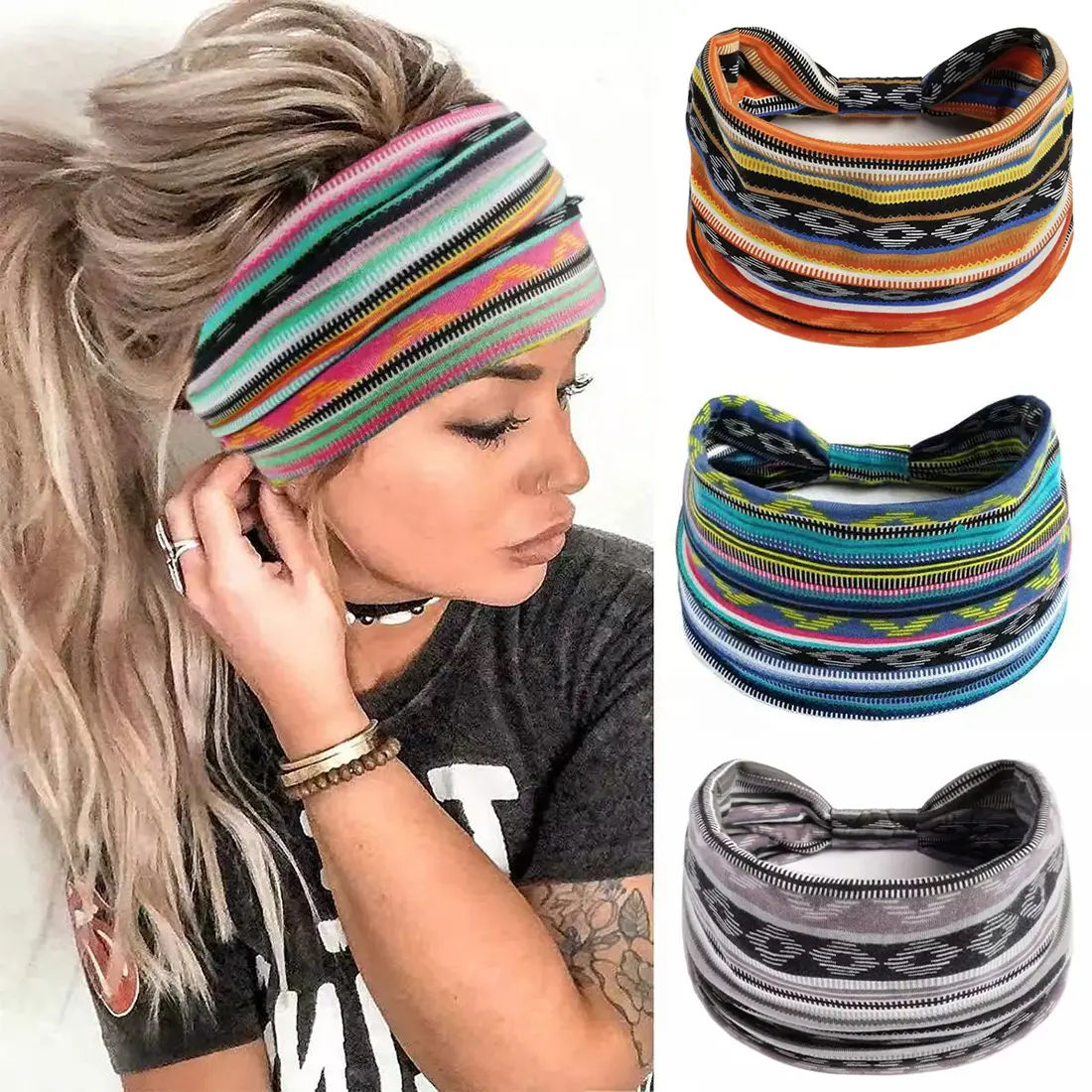Headbands For Women Fashion Stretch Wide Hair Bands Knoted Turban Head Bands Yoga Running Sweatband Elastic Headband Stylish Wrap Headbands Hair Accessories for Teen Girls 4 Pack