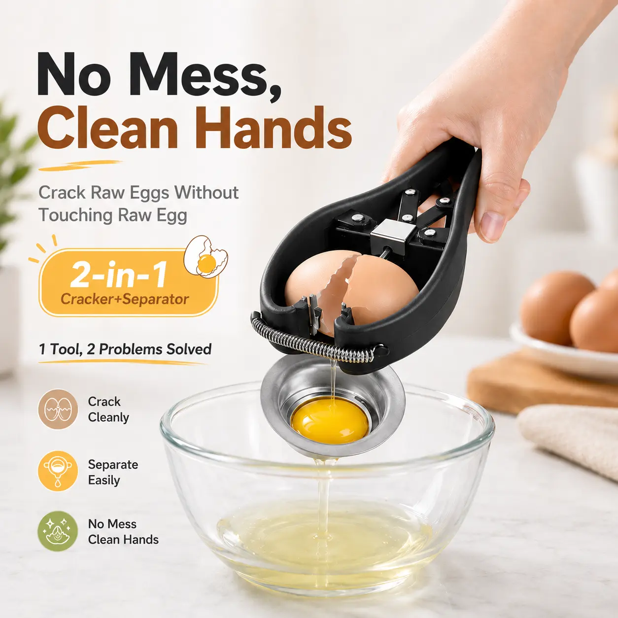 2-in-1 Steel&ABS Egg Cracking Tool for Adults - 1-Handed Lever Design to Crack+Separate Egg Yolk, No Mess & 0 Shell Fragments, Home & Festive Party Supplies Gadget