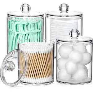 4-Pack Acrylic Q-tip Holder Dispensers Clear Plastic Canisters for Cotton Swabs, Balls, Pads & Floss Picks Small Apothecary Jar Set for Bathroom Essentials, Vanity & Makeup Storage Organizer
