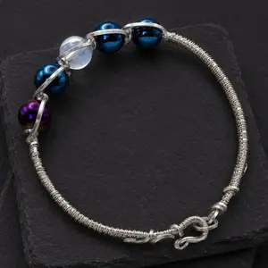 Blue Purple Hematite Silver Bangle Bracelet • Borealis Rising • Wire Wrapped Jewelry • Space Galaxy Nebula • Handmade Gift • Aquarius Gemini