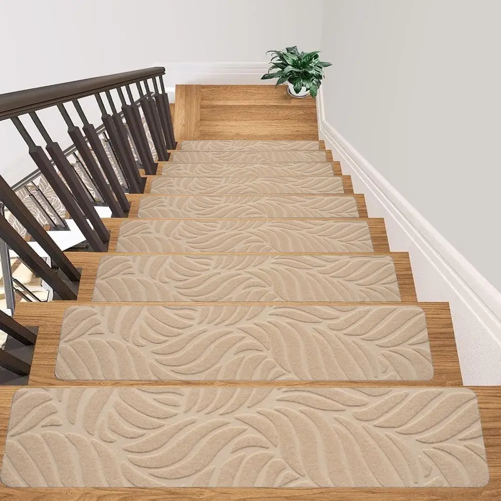 Leaf Embossed Design Stair Tread Rug, 15pcs Washable Reusable Staircase Runner Rug, Non-slip Safety Stair Carpet with Adhesive Back for Children, Elde