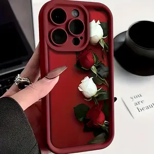 Wine Red Red Rose and White Rose Pattern Full Package Anti-Fall Mobile Phone Case Suitable for Apple 17PROMAX/15PLUS/15PRO/15/14PROMAX/14PLUS/14PRO/14/13PROMAX/13PRO/13/12PROMAX/12PRO/12/11PROMAX/11PRO/11/XSMAX/XR/XS/7 #     8PLUS/7 #     8 #     SE2 #