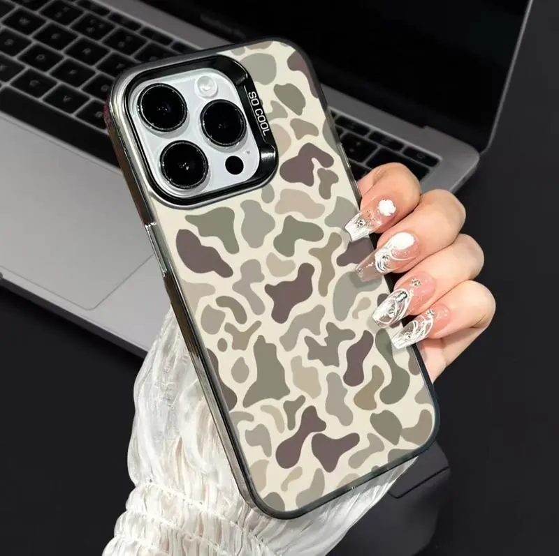 Camo Pattern Shockproof Protective Cellphone Case, Handheld Accessories for iPhone 7/8/11/12/13/14/15/16 Pro Max Plus/XXS Max & Samsung S25 Ultra, Vintage Retrolens High-Protection Affordable Anti-Fall Devices Cover