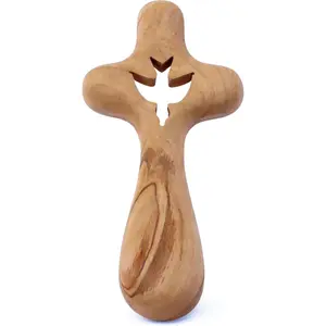 Anna Holy Crafts Handmade Wooden Cross with peace dove Design - Spiritual Pocket Cross Comfortable to Hold in Hand - Handcrafted Natural Olive Wood Cross from Bethlehem, the Holy Land