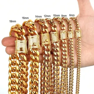 14K Gold Plated Stainless Steel Cuban Chain Necklace for Men Casting Bling CZ Clasp Lock Miami Curb Link Bracelet Hip Hop Jewelry