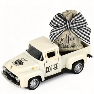 With Burlap Sack & Beans Rustic Farmhouse Coffee Truck Decor Set - Vintage White Metal Pickup Table Centerpiece for Home and Office Ornaments