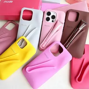 Rhode Cute Makeup Phone Case with Built-In Lip Gloss Storage for iPhone 11 12 13 14 15 16 17 Pro Max, Stylish Protective Back Cover, Portable Beauty Phone Accessory for Travel