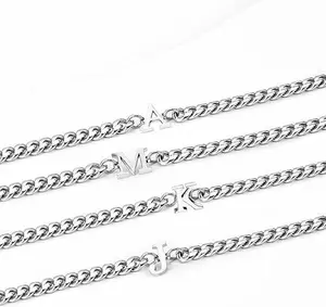 Valentines Day Gifts for Him Boyfriend Mens Initial Bracelet Matching Couple Bracelets Silver Chain Letter A-Z Stainless Steel Cuban Link Bracelets Birthday Gifts Men Women Teens Friends
