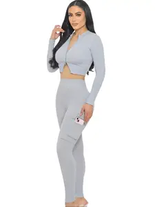 2 Piece Dualsized Seamless Athletic Loungewear Cargo Set with Dual Zip Long Sleeve Top and Seamless Cargo Leggings for Women Comfortable & Stylish