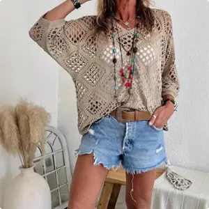 Women's Boho Crochet Top V Neck Hollow Out Knit Summer Sweater Casual Beach Cover Up Shirts