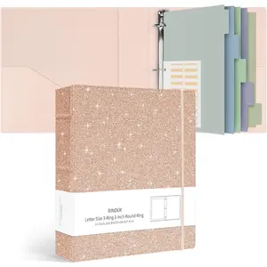 Hardcover 3 Ring 2 inch Leather Binder, Professional Binders Organizer Suitable for Letter Size Documents, Binder Dividers with Tabs, Faux Glitter  Leather