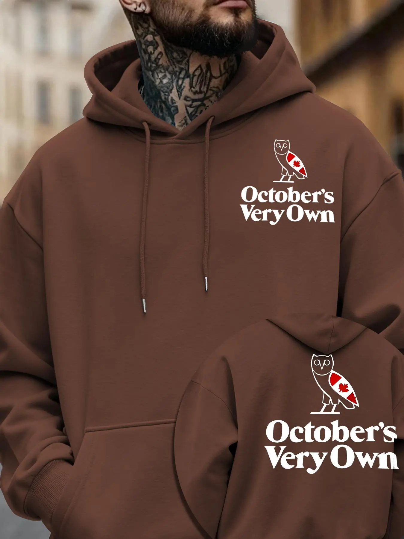 Men's Graphic Print Hoodie, Drawstring Pocket Hoodies Fall/Winter Style 'OVO Canada Maple Leaf Owl' Print Drawstring Pocket Design Casual Sports Versatile Warm Pullover Hooded Sweatshirt Christmas Gift Multiple Color Options Machine Washable Everyday Wear