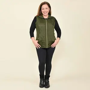 TAMSY Olive Quilted Knit Zip Front Vest Collared Neck Sleeveless Front Vest Mothers Day Gifts