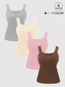 4-Piece Set Solid Color High-Stretch Elegant Chic Sleeveless Women's Camisole Tank Tops, Lace-Trimmed Round Neck, Soft and Skin-Friendly with Chest Pads, Lightweight and Versatile, Suitable for Daily Casual Wear, Yoga, Sports, Sexy Layering Tank Tops