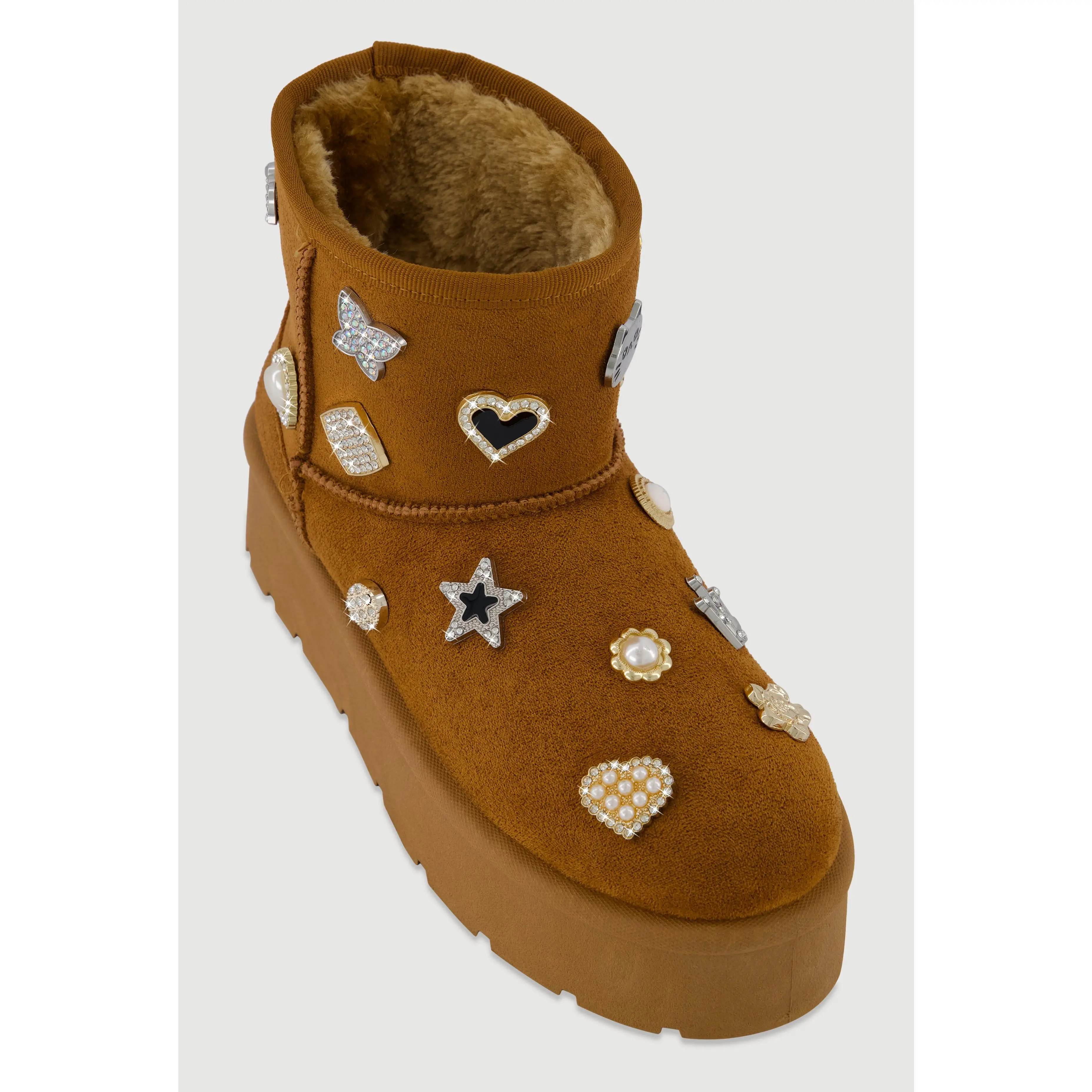 Faux Suede Platform Booties with Rhinestone Charms
