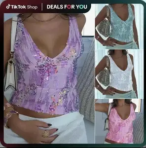 2026 Women Sequin Tank Tops,Sparkly Deep V Neck Sleeveless Open Back Crop Vest, Casual Summer Streetwear, Ladies Top for Indoor Outdoor Wear, Ladies Top for Daily Wear