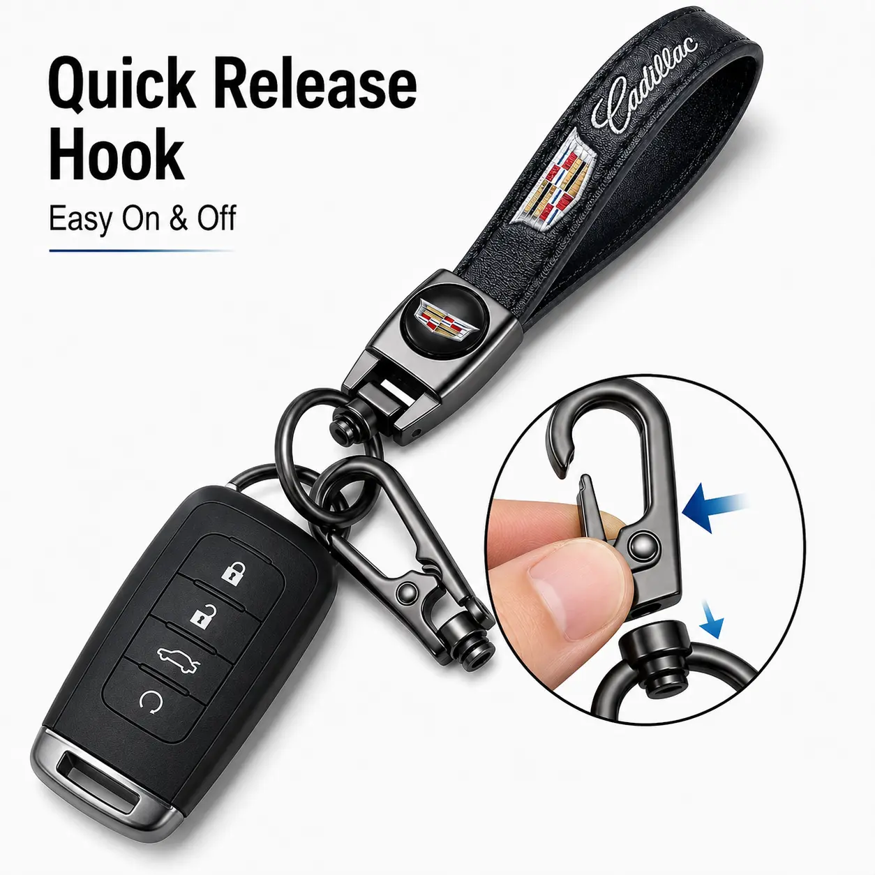 Leather zinc alloy Key Fob Holder for Car Keys, Quick Release Keychain Wristlet Lanyard Compatible with Cadillac Escalade CT4 CT5 CT6 SRX XT5, Premium Key Ring Gift
