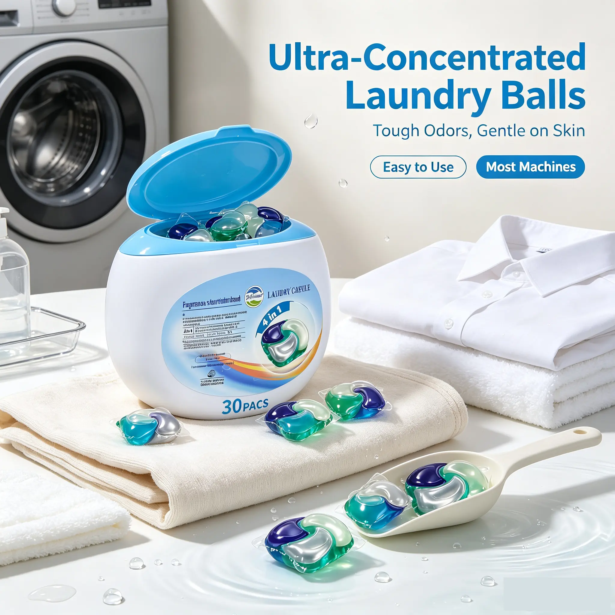 Scented Laundry Detergent Pods, 4-in-1 Ultra-Concentrated Balls for Tough Odors, 30 Pieces, Fruity Fragrance, Skin-Gentle, Easy-to-Use for Most Machines, Deep-Cleaning Power For Daily Grime