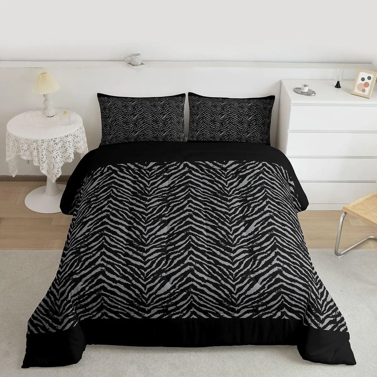 Feelyou Multi-Size Breathable Zebra Print Comforter Set - African Wildlife Black Grey Animal Skin Quilt, Machine Washable Bedding for Bedroom, Guest Room; Set Includes Twin, Single, Queen Sizes for Decor Use