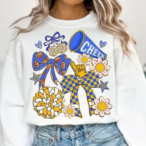 Cheer Season Sweatshirt for Women, Blue Gold Coquette Bow Crewneck, Preppy Cheer Mom Fall Sweater, Game Day Cozy Spirit Wear, Made in USA 2025 0