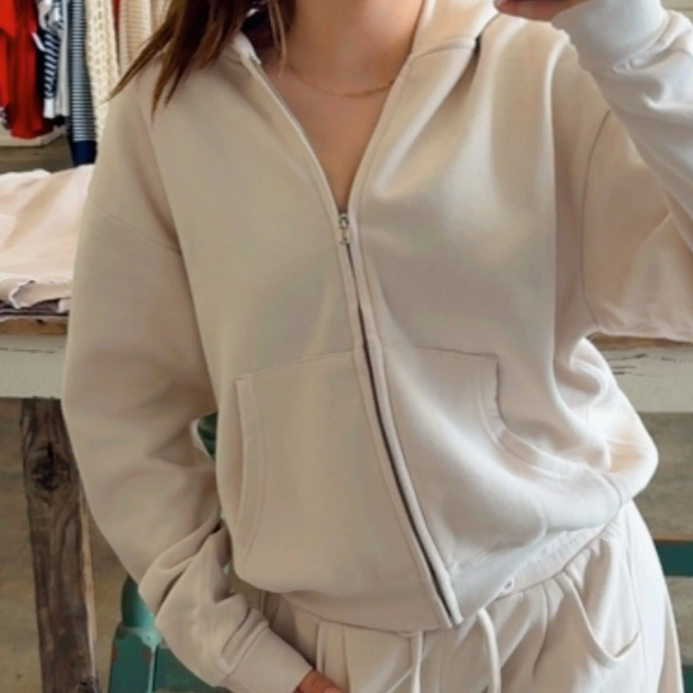 Classic Fit Zip Up Sweatshirt Beige