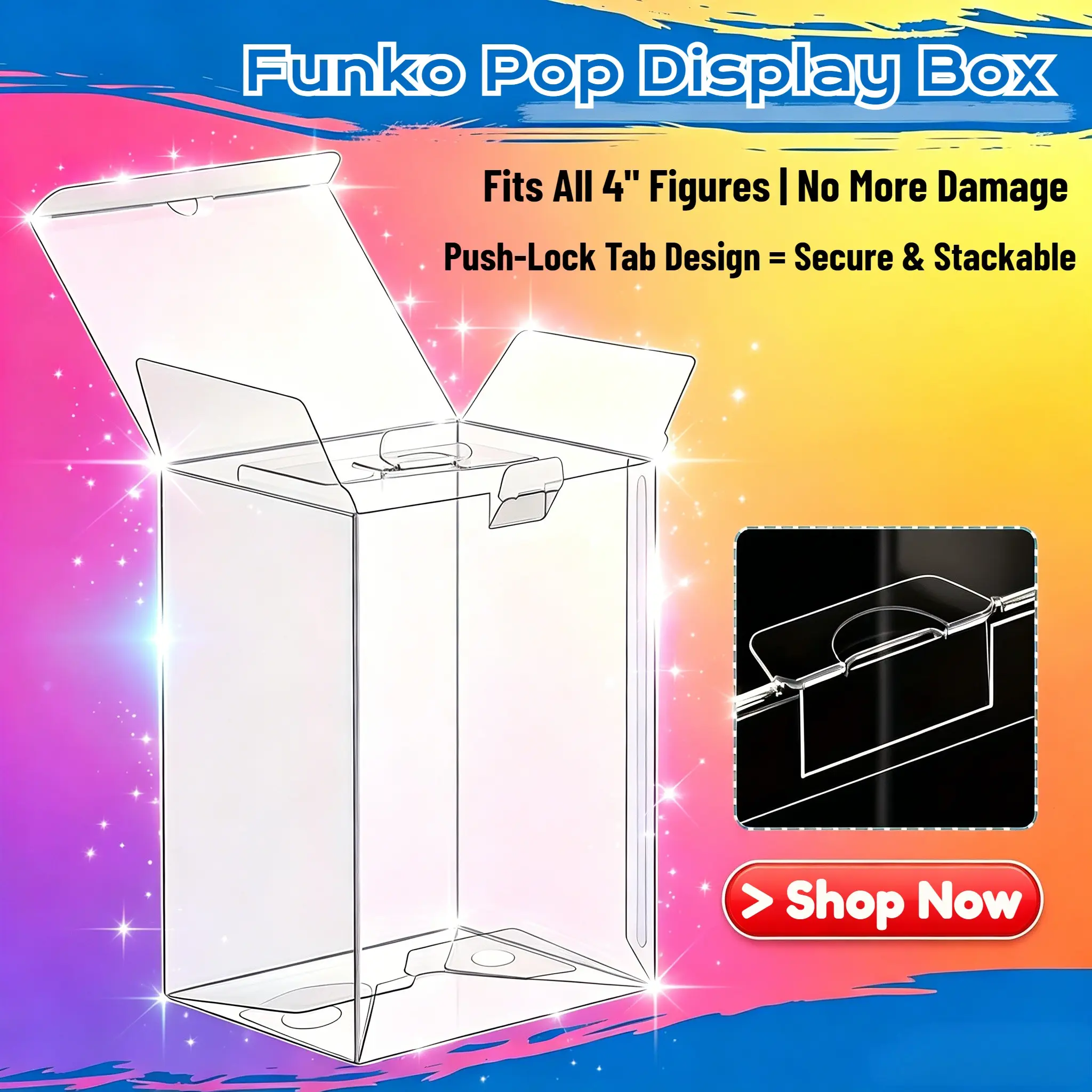 5-Pack Crystal Clear Pop Protector Case, 4 Inch Funko Pop Collectibles Display Box, Heavy Duty Durability PET Case with Protective Film, Locking Tab & No Damage, Stackable Design Collector Storage