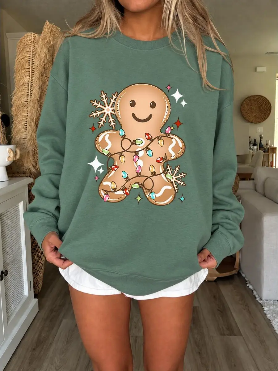Women's Large-Sized Crewneck Sweater - Soft cotton polyester spandex fashion fabric, featuring gingerbread man with Christmas lights and snowflake patterns, with a dropped shoulder long-sleeved pullover, suitable for daily autumn casual wear