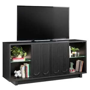 Sauder Entertainment Credenza Open Shelves Modern TV Stand with Adjustable Glass Shelves & Hidden Storage for Living Room Dining Area Home Office