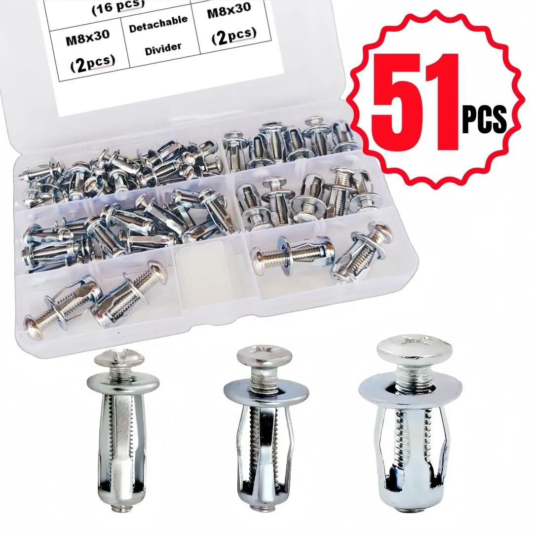 51-PCS Heavy Duty Bolts, Heavy Duty Fastening, Heavy-Duty Metal Expansion Anchor Bolt & Nut Set Anchor Screws M4-M8 Multi-Size Combo Flared Head Design for Easy Installation Perfect for License Plates, Hollow Walls, Signage Mounting