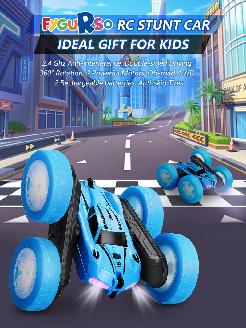 Fygurso Remote Control Car RC Cars with Sides Light Strip and Headlights Double Sided 360 Flips Rotating RC Stunt Car,2.4Ghz All Terrain Toys for Kids Toy for Boys Girls Birthday Gift(Blue)