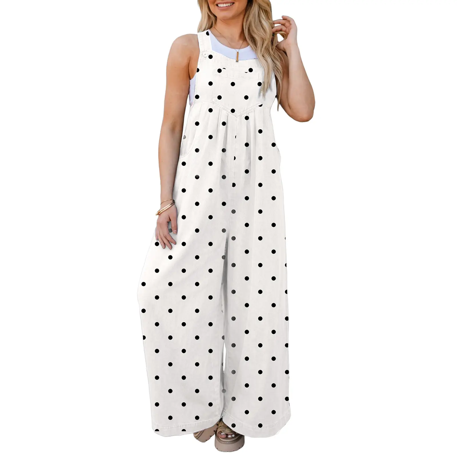 Dokotoo Women's Casual Loose Denim Overalls Jumpsuits One Piece Sleeveless Printed Wide Leg Long High Waist Cowboy Straps Pant Rompers With Pockets Bohemian Womenswear