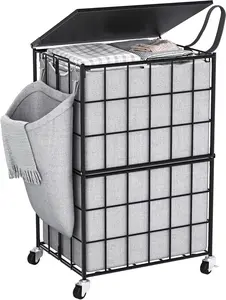 90L Laundry Basket with Wheels, Large Capacity Laundry Hamper with Removable Liner Bags, Duty Laundry Sorter with Wood Lid & Handles, Grey