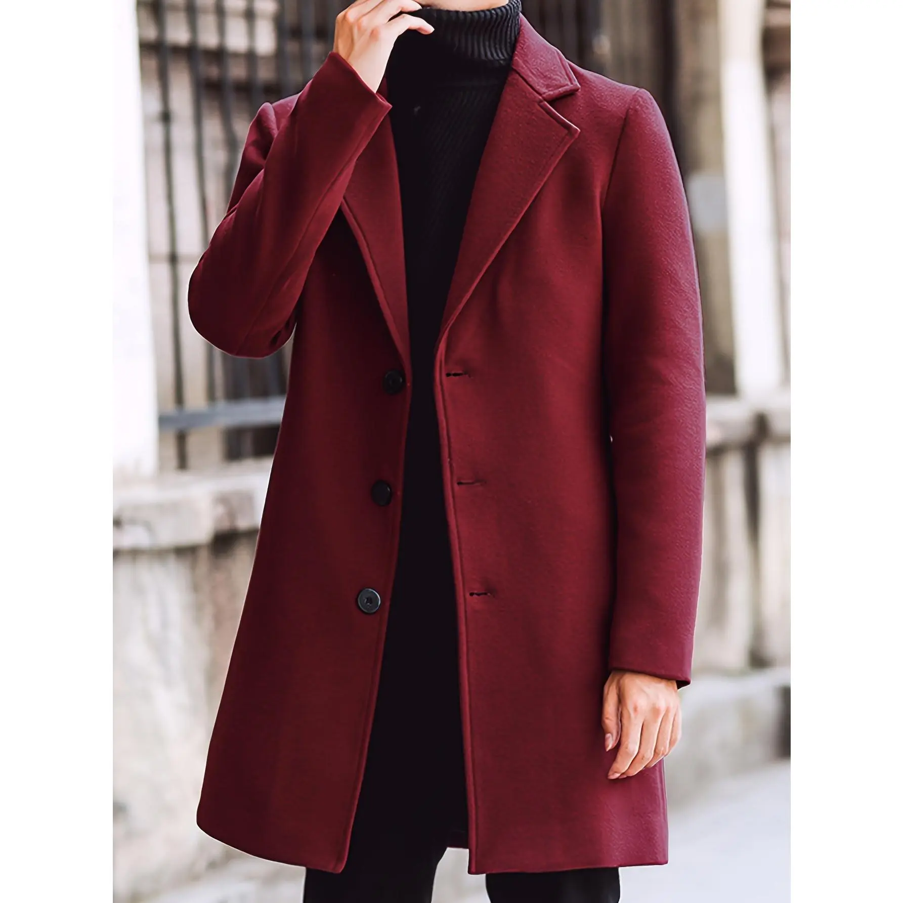 Men's Wool-Polyester Blend Single-Breasted Peacoat, Menswear Long-Sleeve Jacket with Notched Lapel for Business Casual Wear, Long Coat, Trench Coat, School, Tailored Pants, Front Buttons, Solid, Dry Clean, Tops